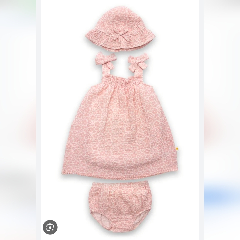JOY JUST ORGANIC YOU Gauze Organic Cotton Dress, Bloomers & Hat 18months NWT